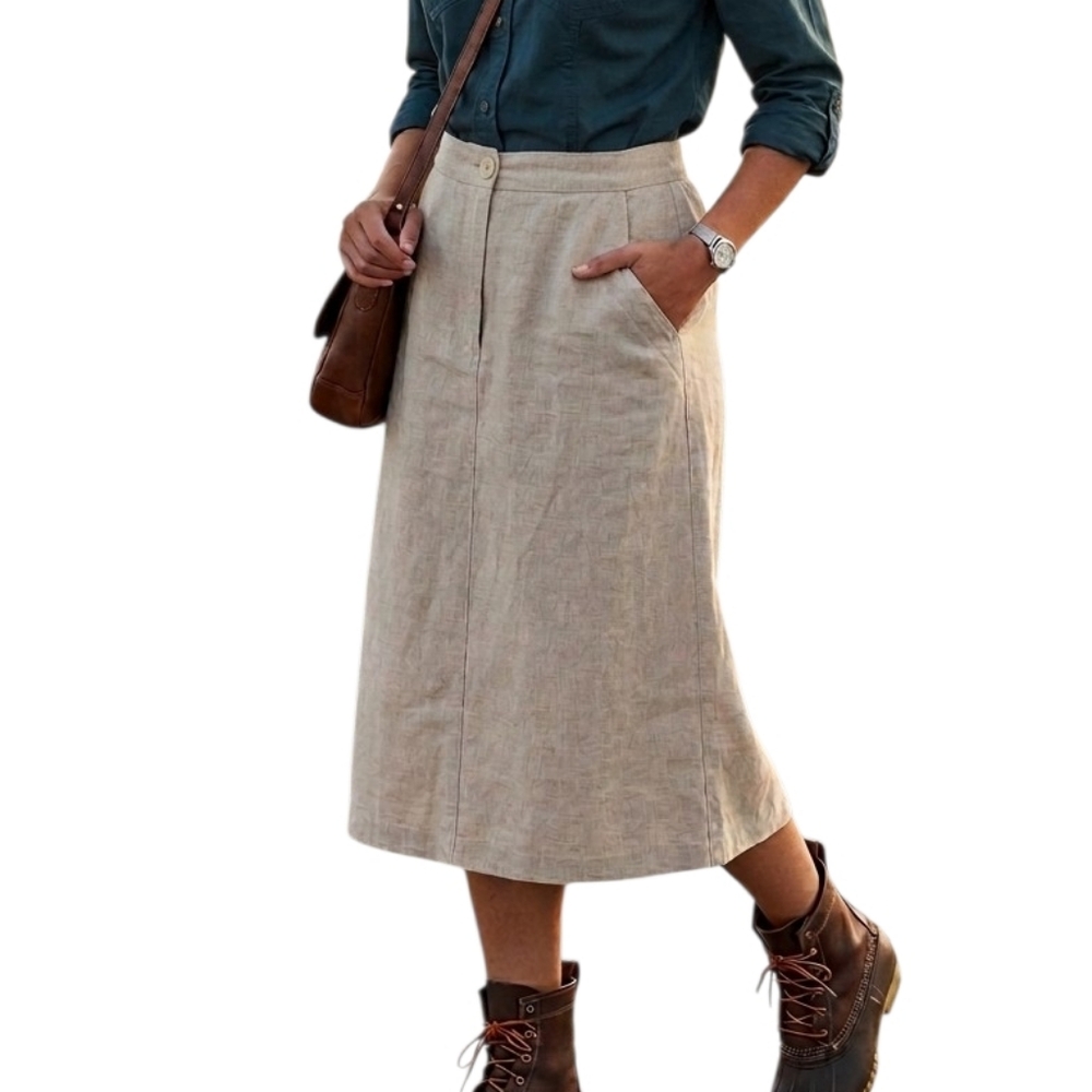12P 100% Linen L.L. Bean Pencil Midi Skirt Cottagecore Coastal Grandma